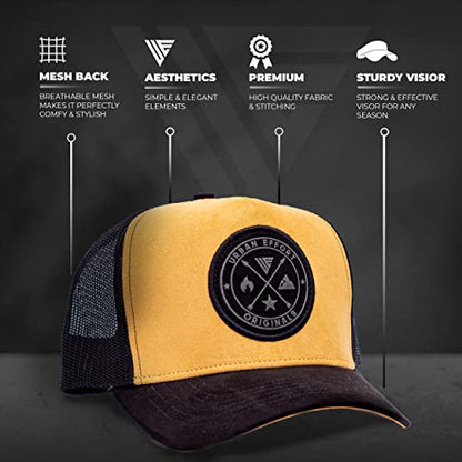 Urban Effort Trucker Hat for Men & Women, Mesh Back Baseball Cap, 5 Panel - color: Black + Gold, style: Mesh Back