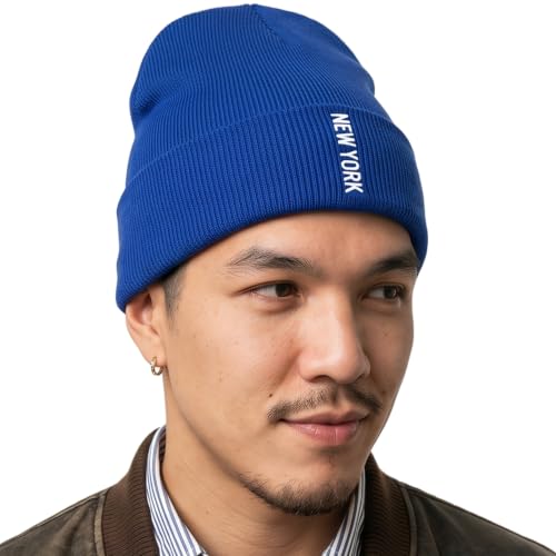 Daxton Vertical USA Cities Cuffed Beanie, Winter Knit Hat Skully Cap for Men Women, City Pride Daily Headwear - color: New York Royal White