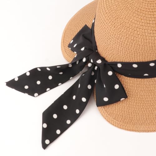 DRESHOW Sun Hats for Women Travel Fedora Foldable Beach Sun Hat Summer Wide Brim Straw Bucket Hat with Bowknot UPF 50+ - color: 1 Pack Bowknot Straw Hat: Khaki With Black Polka Dot Band