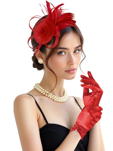 2Pcs 50s Fascinators Hats for Women Wedding Cocktail Flower Mesh Ribbons Feathers Church Tea Party Hats and Lace Glove - color: Red