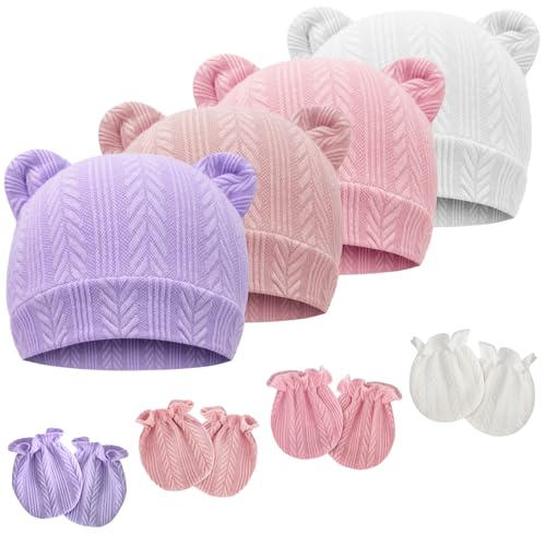 Newborn Baby Hat and Mittens Set Bear Ears Toddler Infant Beanie Caps Newborn Hospital Hat for Baby Boy Girl 0-3 Months - color: Wheat Patterned Bear Ear B
