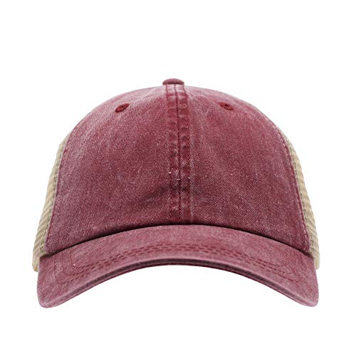 Vintage Washed Soft Mesh Cotton Adjustable Baseball Cap - color: Wine/Tan