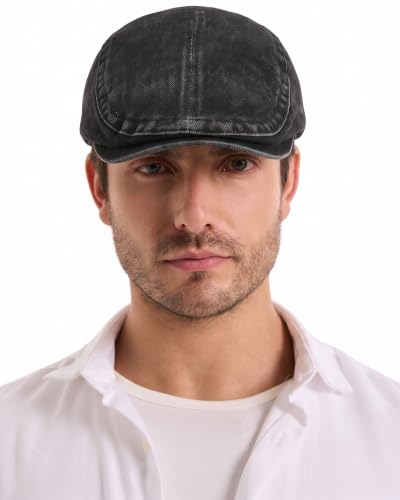 ZLYC Men Cotton Flat Cap Summer Scally Newsboy Beret Driver Hat - color: Washed Black