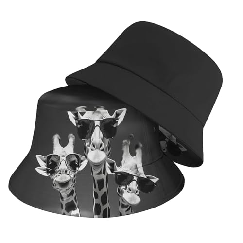 Amasnay Funny Bucket Hat Cotton Double-Side-Wear Reversible Sun Hat for Women Men, Summer Vacation Travel Beach Fisherman Hat - color: Black White Giraffe
