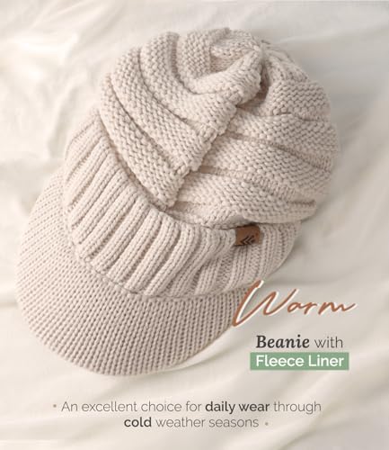 Women Men Winter Beanie Hat with Visor, Warm Fleece Lined Beanie Cap, Thick Knit Cap Slouchy Hat with Brim - color: Beige