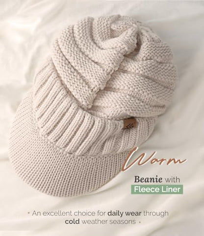 Women Men Winter Beanie Hat with Visor, Warm Fleece Lined Beanie Cap, Thick Knit Cap Slouchy Hat with Brim - color: Beige