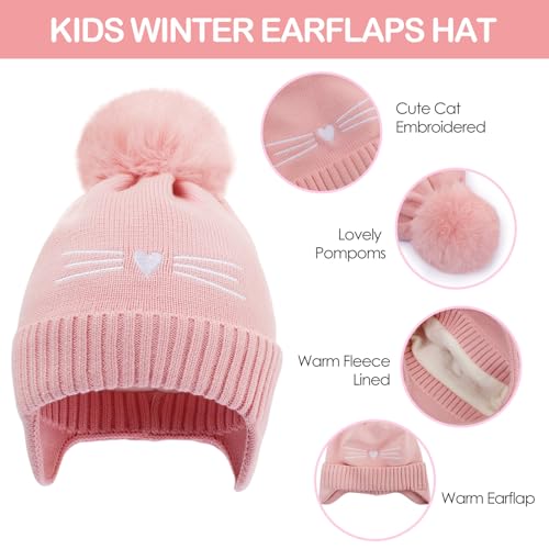 Girls Winter Hat and Gloves Set, Kids Cat Knit Beanie with Earflaps - color: Pink, size: 2-4 Years
