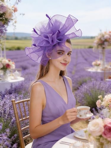 Z&X Sinamay Fascinator Hat Floral Feather Pillbox Derby Hats for Women Wedding Tea Party with Headband Clip - color: 006b Purple