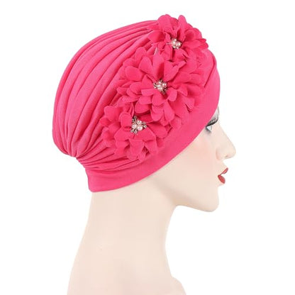 Flower Pre-Tied Turban Beanie, Soft Chemo Cap for Women Cancer Hair Loss - color: Rose Red
