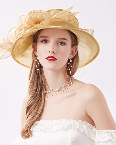 Women Derby Fascinator Hat Organza Church Wedding Hats Wide Brim Cocktail Tea Party Hat - color: 12 Gold
