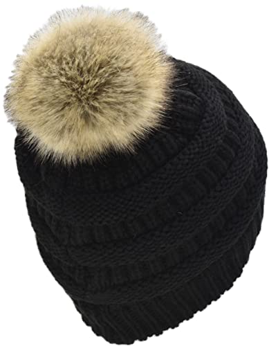 C.C Trendy Fuzzy Fleece Lined Warm Comfortable Soft Stretch Cable Knit Ribbed Faux Fur Pom Pom Beanie Hat - color: Black