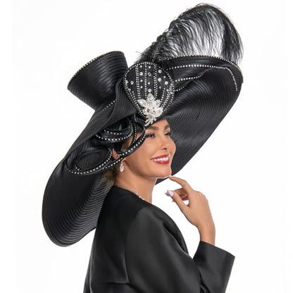Women's Dramatic Giant Wide Brim Rhinestone Church Hat Statement Turban Fascinator for Wedding Chapel Baptist Sunday - color: 19-black