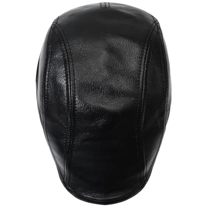 Men's Lambskin Leather Newsboy Flat Cap Gatsby Ivy Cap Driving Hat - color: Black