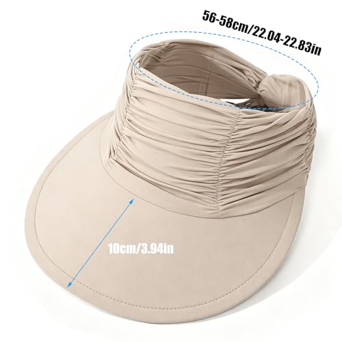 KXF Sun Visors Hat for Women Wide Brim Beach Hat Foldable Visor Hat Cap Ponytail Summer Packable UPF 50+ Adjustable Stretchy - color: Khaki