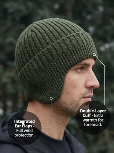 Winter Beanie for Men Women with Earflap, Fleece Lined Beanie Soft Warm Knit Hat Ski Stocking Cuffed Cap - color: Army Green