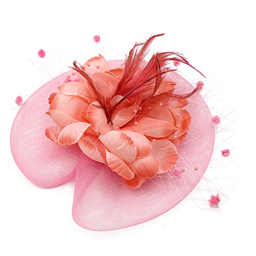 ACTLATI Fascinators Hat for Women Tea Party Headpiece Wedding Cocktail Flower Mesh Feathers Hair Clip 20s Flapper Fascinators - color: A14-pink