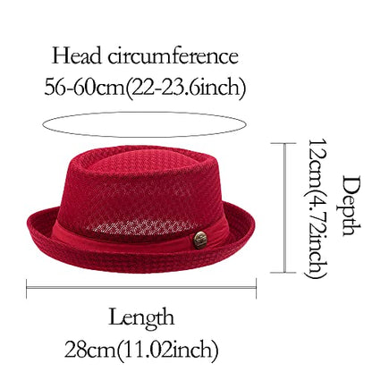 Straw Mesh Pork Pie Hat,Men Summer Fedora,Lightweight Bowler Flat Top - color: White+black+red+navy Blue+drak Grey+coffee