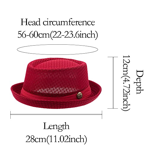 Straw Mesh Pork Pie Hat,Men Summer Fedora,Lightweight Bowler Flat Top - color: White+black+red+navy Blue+drak Grey+coffee