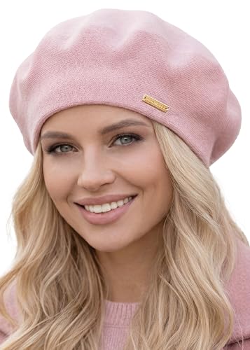 Warm Lined Wool Angora Knit Beret and Satin Lined French Hat Lightweight Beanie - color: Pink
