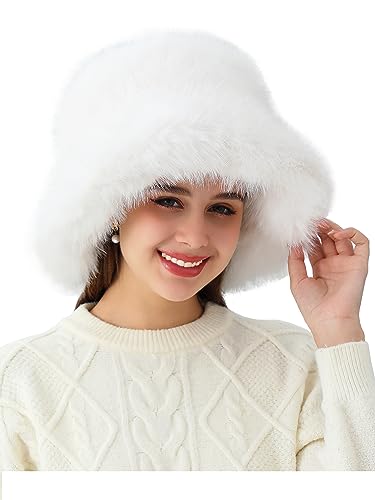 LA CARRIE Women's Fuzzy Wide Brim Faux Fur Bucket Hat Winter Fisherman Cap - color: White
