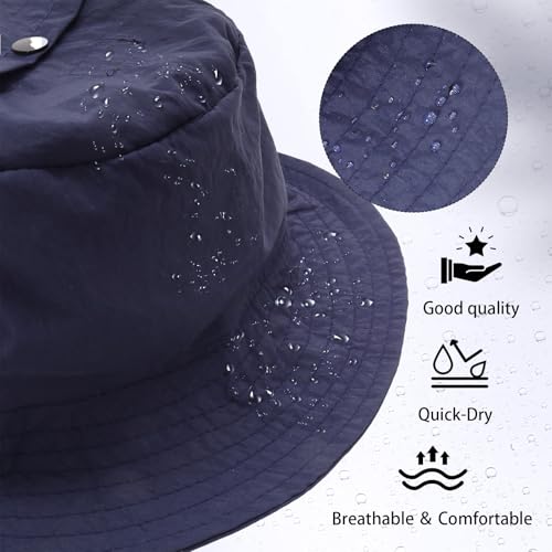 Bucket Rain Hat with Chin Strap Quick Dry Outdoor Bucket Hats for UV Protection Boonie Sun Hat Men Women - color: Navy