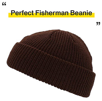 Fisherman Short Beanie Leon Roll up Trawler Classic Skullcap Hipster Beanie Warm Winter Hats Acrylic Ribbed Knit Cuff Daily - color: Brown Fisherman Beanie