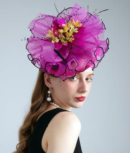 Women Organza Derby Hat Fascinator Tea Party Wedding Church Derby Hat Fascinator Hats Dual-use - color: 02d Rose Red