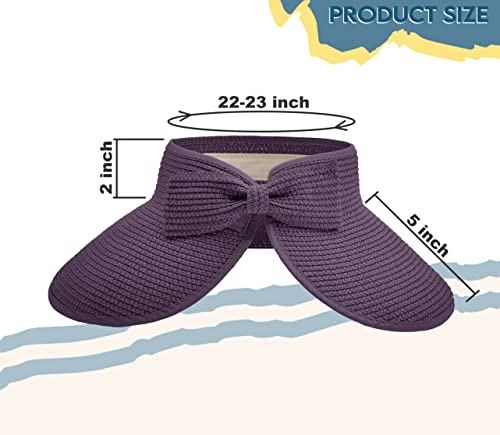 Straw Sun Visor for Women, Wide Brim UPF 50+ Protection Beach Hat, Adjustable, Roll Up Foldable Ponytail Cap with Chin Strap - color: Purple