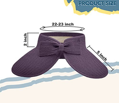 Straw Sun Visor for Women, Wide Brim UPF 50+ Protection Beach Hat, Adjustable, Roll Up Foldable Ponytail Cap with Chin Strap - color: Purple