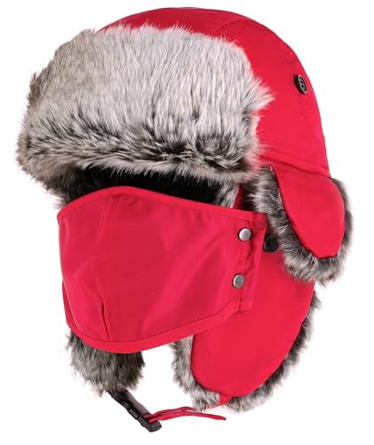 Waterproof Winter Trapper Ushanka Hat Ear Flap Chin Strap, Russian Style - color: Arctic (Red)