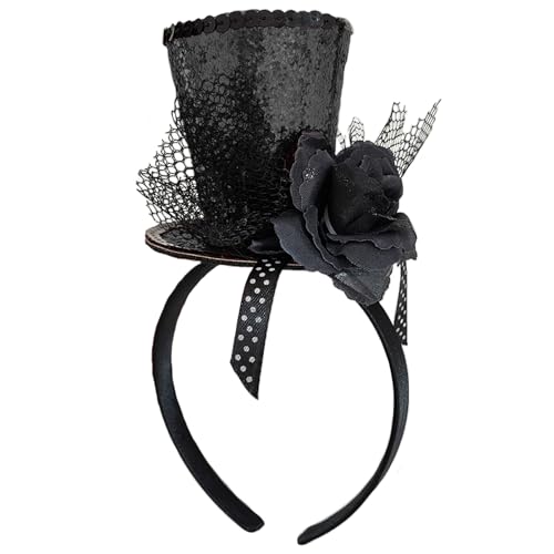 WLBON Halloween Mini Top Hat Headband 1920s Flower Sequins Hair Hoops Bands Fascinator Headpiece Hairband Women Christmas Holiday Festival Parade Cosplay Dress Up Birthday Tea Party Accessories Black - color: Black Tone