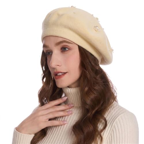 ZLYC Women French Beret Hat Reversible Knit Thickened Warm Artist Cap - color: Paillettes Beige