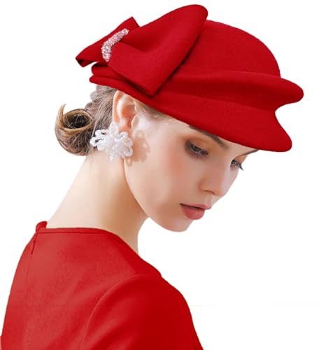 ORIDOOR Women Vintage 100% Wool Felt Flowers Bucket Cloche Bowler Hat Church Wedding Beret Hat - color: E9 Bright Red