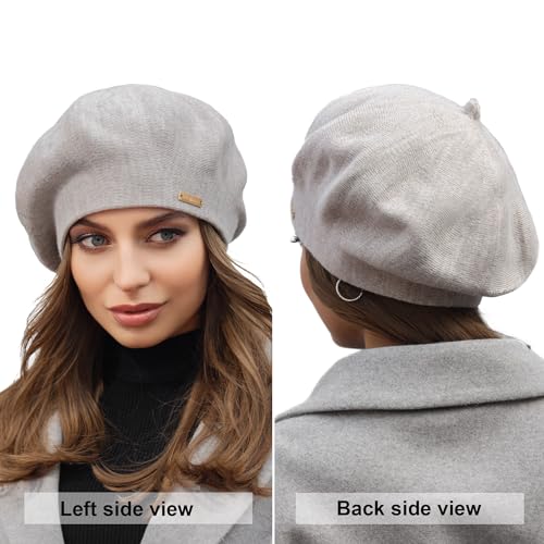 Beret - Warm Lined Wool Angora Knit Berets - French Paris Hat for Women - color: Light Coffee