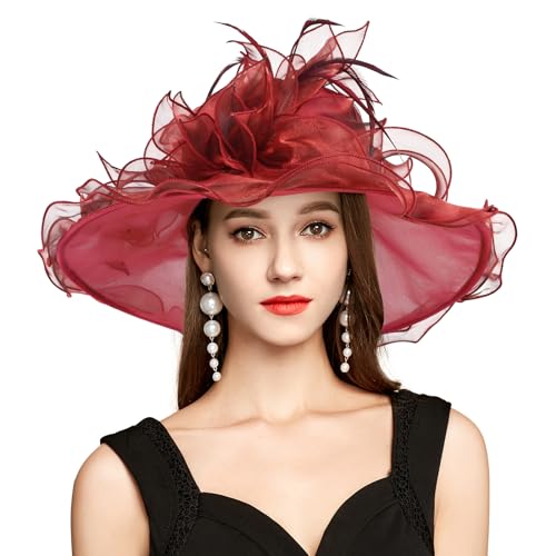 2026 Derby Hat, Classy Sun Hats for Women Ladies, Organza Feather Kentucky Fascinator for Tea Party Church UV Protection - color: S10-3700-rde