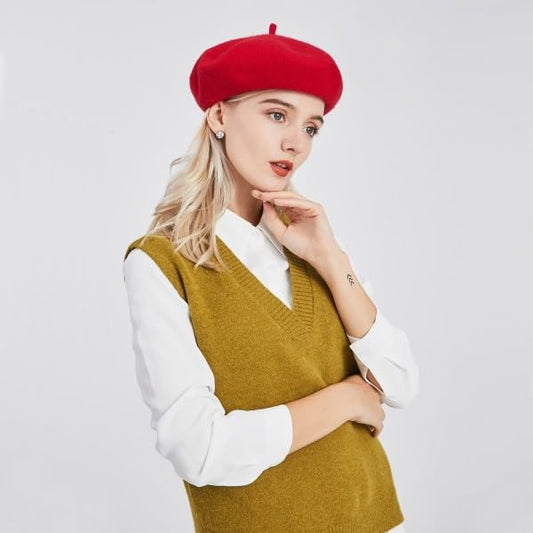 Women Wool Beret Hat, Classic French Artist Hat, Winter Warm Hat for Ladies - color: Red