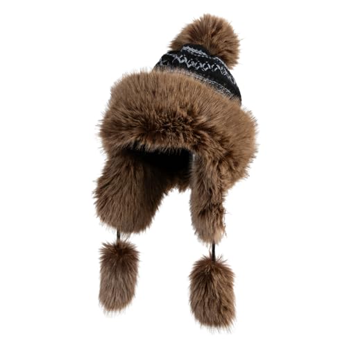 Cross Stitch Knit Fleece Lined Faux Fur Trapper Beanie Hat with String - color: Black