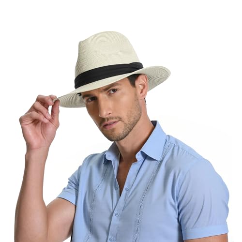 Sun Hat Straw Fedora Hats for Men Women Beach Hat Panama Hat Men Wide Brim Summer Hats UPF80+ - color: Cream, size: Medium