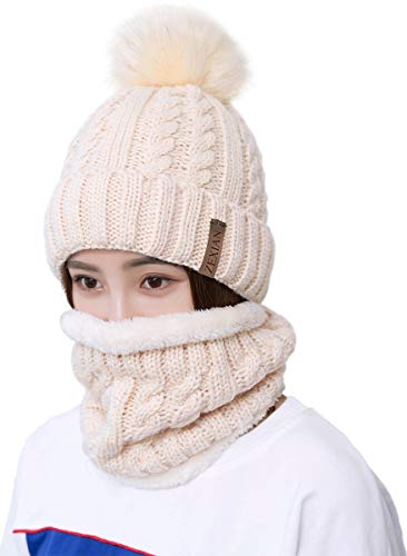 Womens Girls Winter Warm Pom Knit Ski Beanie Hat and Scarf Set - color: Beige