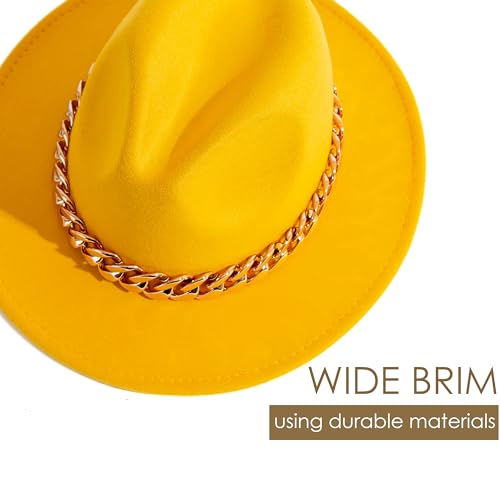 Men & Women Wide Brim Fedora Hat with Chain Buckle - color: Chain Belt-yellow