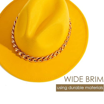 Men & Women Wide Brim Fedora Hat with Chain Buckle - color: Chain Belt-yellow