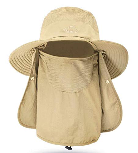 Fishing Hat for Men & Women, Sun Protection Hat with Face Cover & Neck Flap - color: Khaki