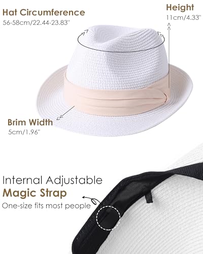 Straw Sun Hat for Men Women Short Brim Beach Trilby Hat UPF 50+ - color: White