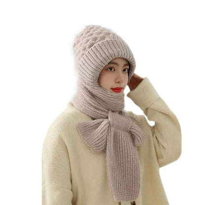 Women Winter Warm Elastic Soft Ear Protection Knitted Scarf Hat Fleece Lined Beanie Hat - color: Light Khaki