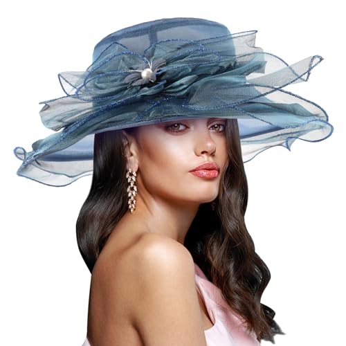 AQOKKA Women Organza Church Fascinators Kentucky Derby Hats for Women and Girls Wedding Flower Tea Party Hat with Wide Brim - color: Simulated Flower : Navy