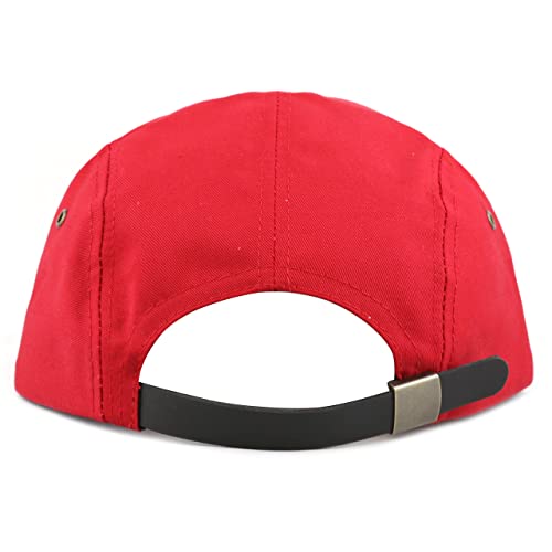 The Hat Depot Made in USA Cotton Twill 5 Panel Flat Brim Genuine Leather Brass Biker Board Cap - color: Red