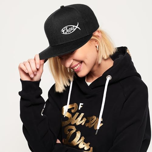 Flat Bill Hats for Men Black Snapback Hats for Men Adjustable Baseball Cap Fitted Cool Hip Hop Hat - color: Jesus Fish