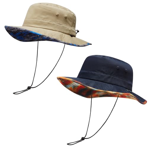 UPF 50+ Foldable Sun Hat Patterned Under Brim Bucket Hats for Summer Hiking Fishing Beach Safari Men Women - color: Khaki & Navy, size: Medium