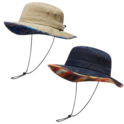 UPF 50+ Foldable Sun Hat Patterned Under Brim Bucket Hats for Summer Hiking Fishing Beach Safari Men Women - color: Khaki & Navy, size: Large