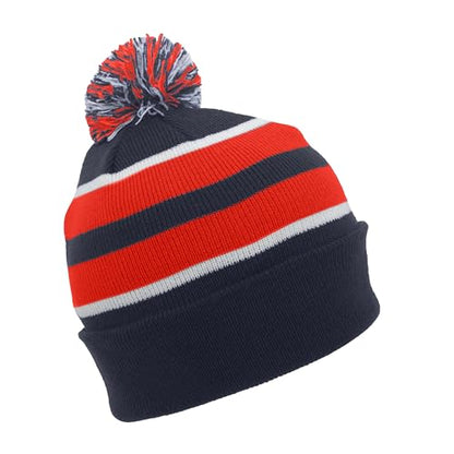 Pacific Headwear Unisex Adult Pacific Headwear Knit Fold Over Pom-pom Beanie - color: Navy/Red/White, size: One Size